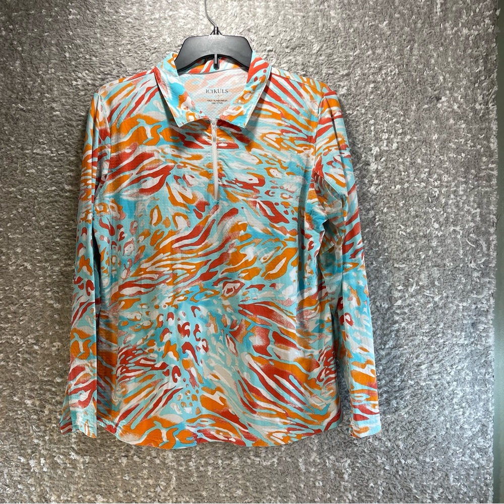 ICIKULS Stretch Knit Pullover Top Workout‎ Blue Orange Print Large Nylon Blend